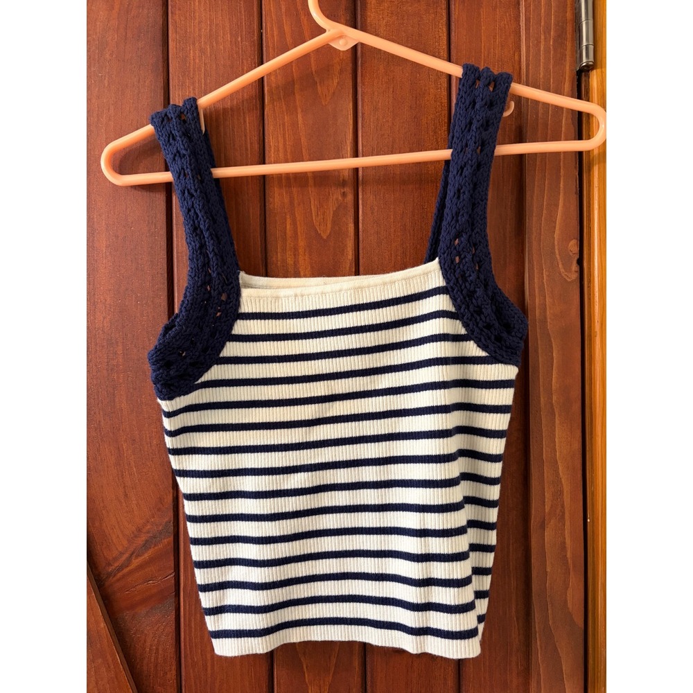 Aerie Striped Ribbed Tank Top Navy Blue White Crochet Straps Womens XS